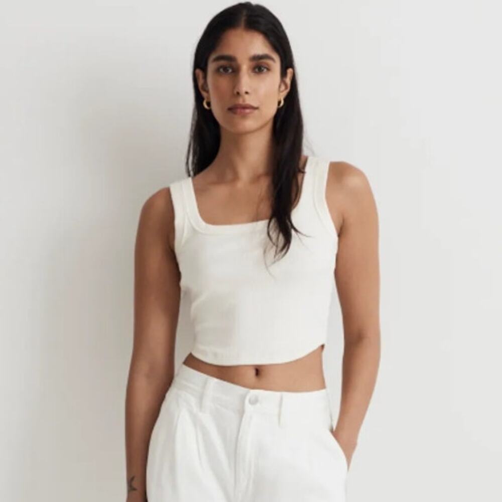Madewell The Tailored Ribbed Crop Tank Square Neck Curved Hem Cream Size XXS